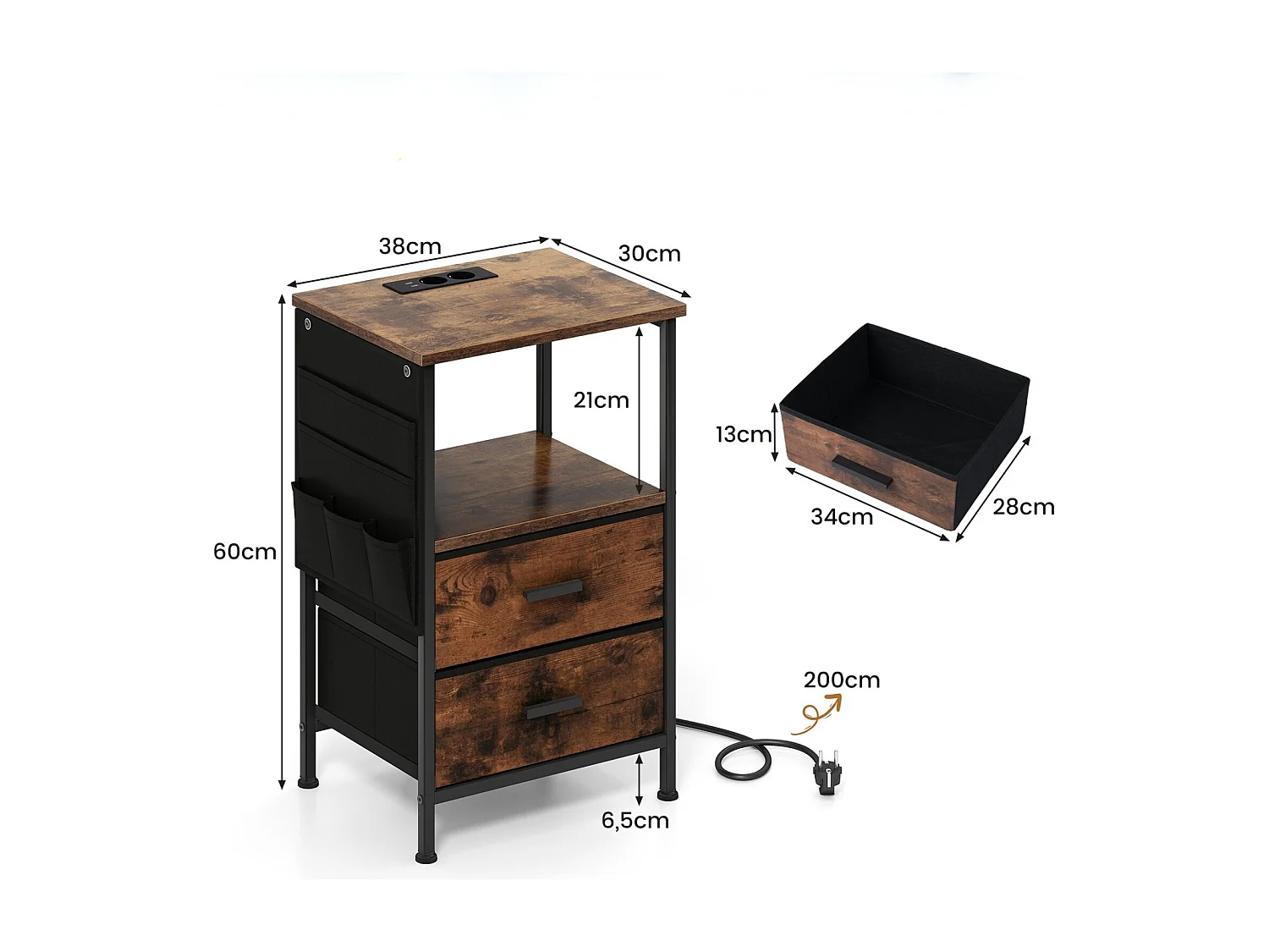 Comodino con stazione di ricarica 2 cassetti e 6 tasche laterali, Tavolino industriale per camera da letto Marrone 2 Pezzi