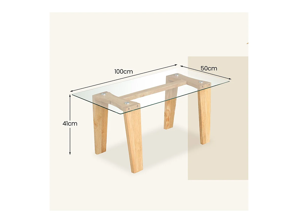 Glas Couchtisch mit Gummiholzbeinen Rechteckiger Beistelltisch Glastisch Kaffeetisch