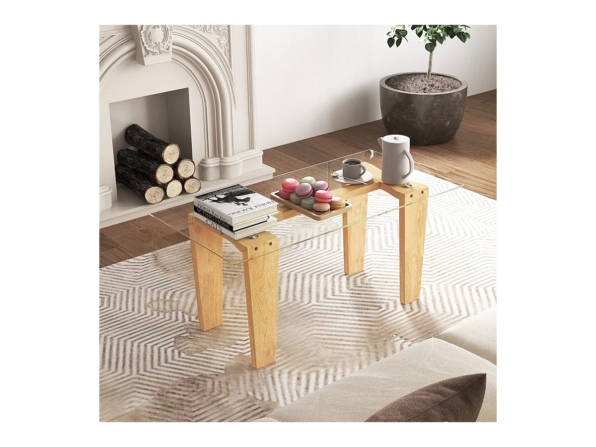 Glas Couchtisch mit Gummiholzbeinen Rechteckiger Beistelltisch Glastisch Kaffeetisch