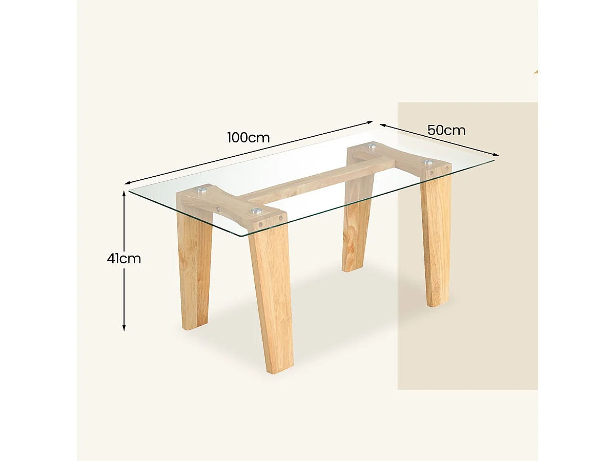 Table Basse en Verre Trempé Table Centrale Rectangulaire Moderne de 100 cm avec Pieds en Bois d'Hévéa Massif Naturel