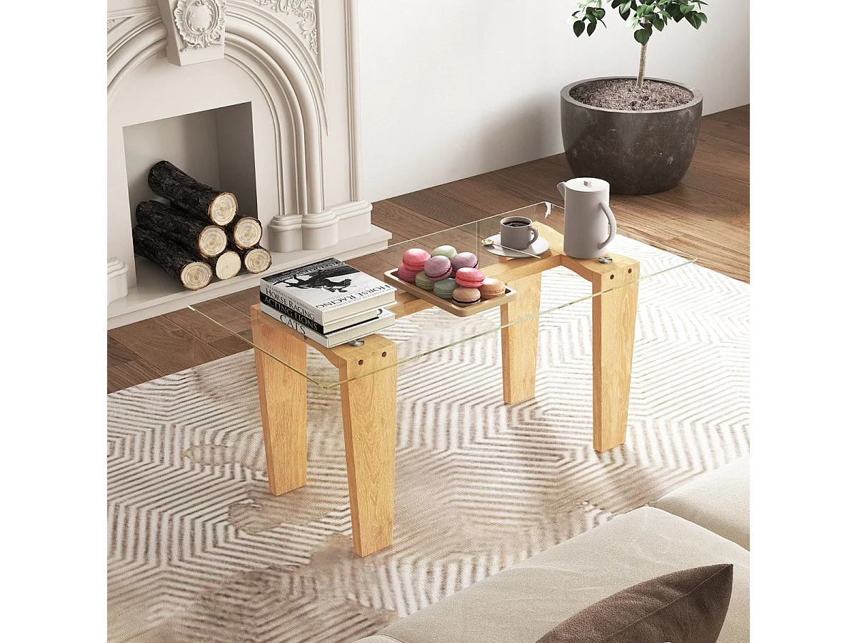 Table Basse en Verre Trempé Table Centrale Rectangulaire Moderne de 100 cm avec Pieds en Bois d'Hévéa Massif Naturel