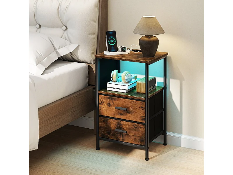Table d'Appoint avec Station de Charge Table de Chevet avec 2 Tiroirs en Tissu Pliants 6 Poches Latérales Marron Rustique