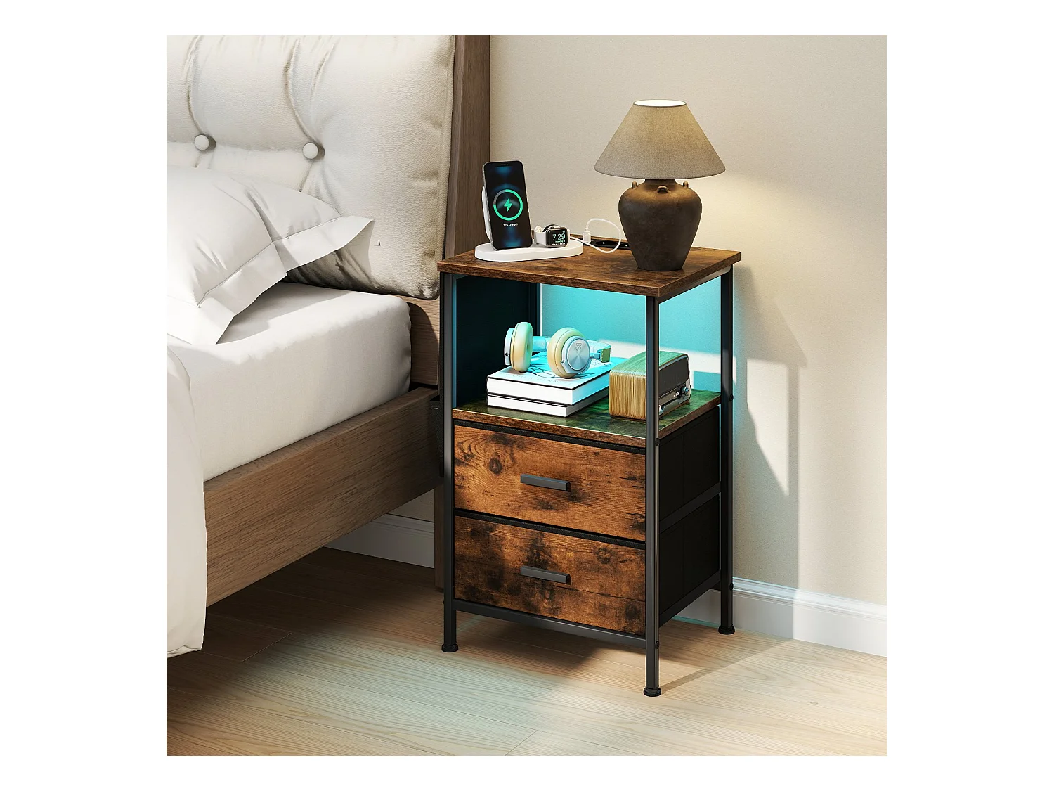 Table d'Appoint avec Station de Charge Table de Chevet avec 2 Tiroirs en Tissu Pliants 6 Poches Latérales Marron Rustique