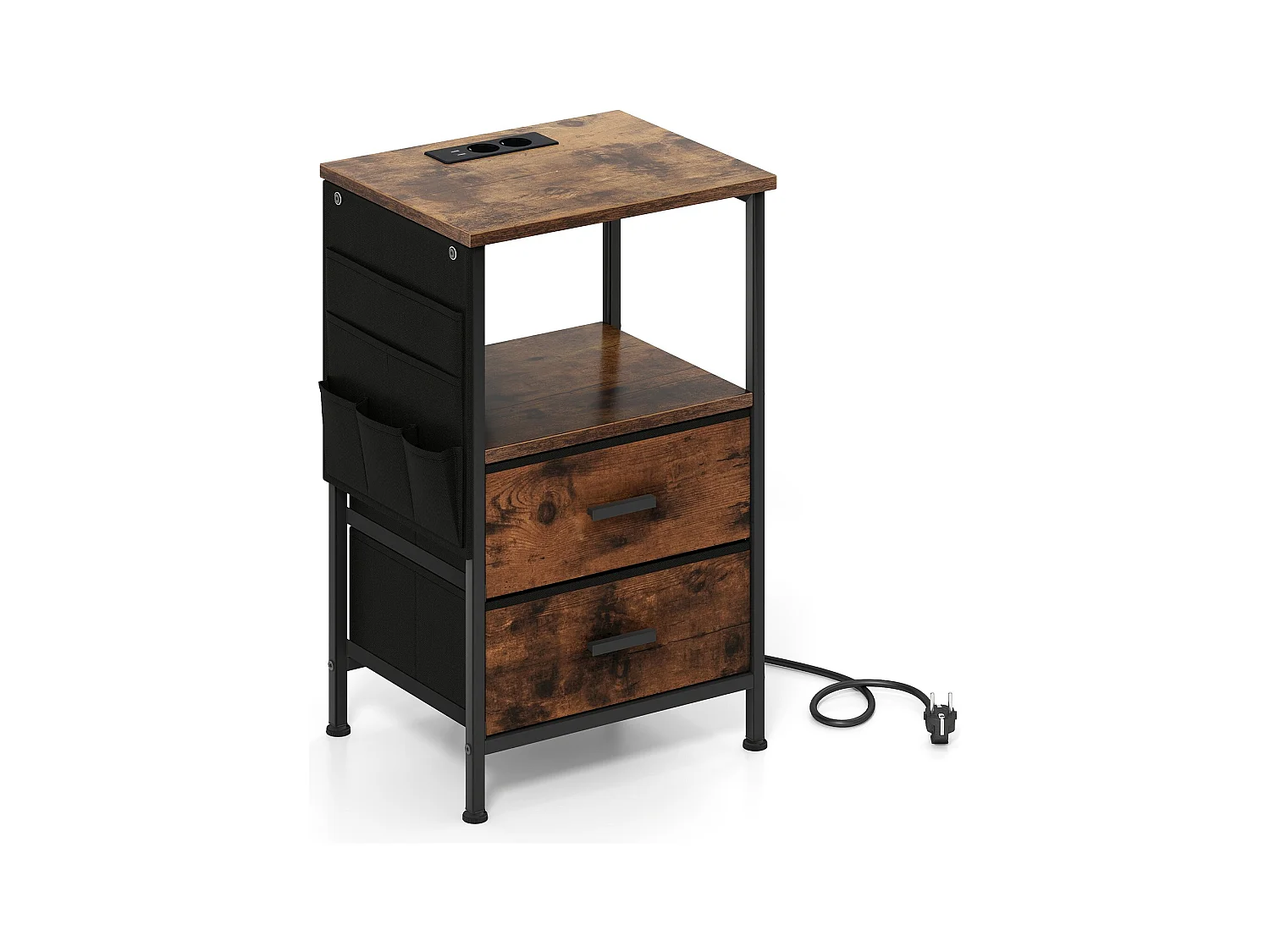 Table d'Appoint avec Station de Charge Table de Chevet avec 2 Tiroirs en Tissu Pliants 6 Poches Latérales Marron Rustique