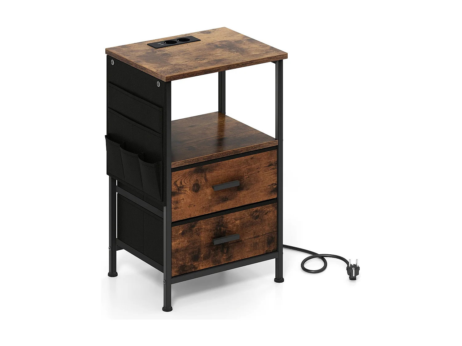 Beistelltisch mit Ladestation Nachttisch mit 2 faltbaren Stoffschubladen 6 seitlichen Aufbewahrungstaschen Rustikal Braun
