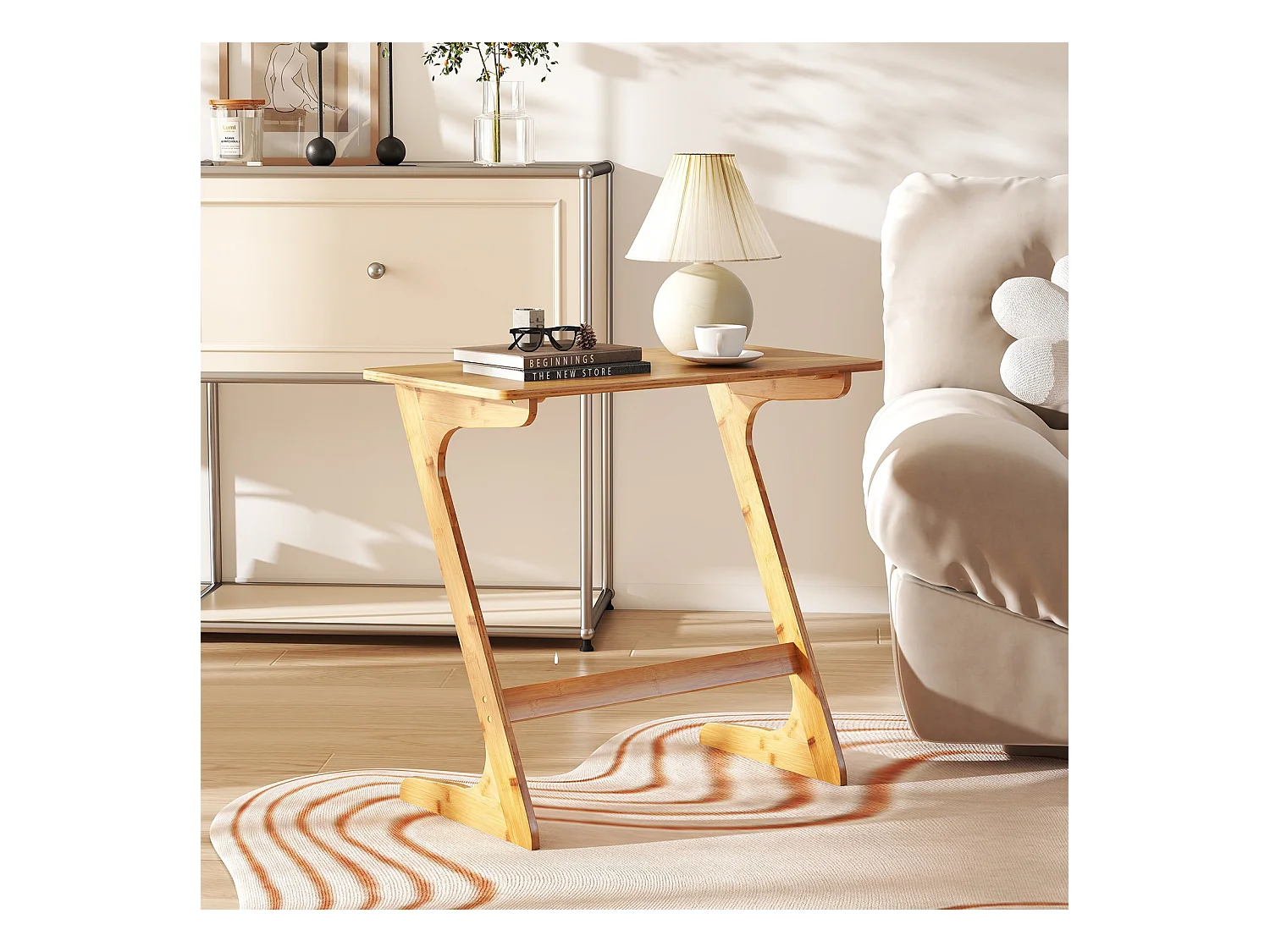 Z-förmiger Beistelltisch Sofatisch aus Bambus Platzsparender Kaffeetisch Nachttisch Couchtisch Natur