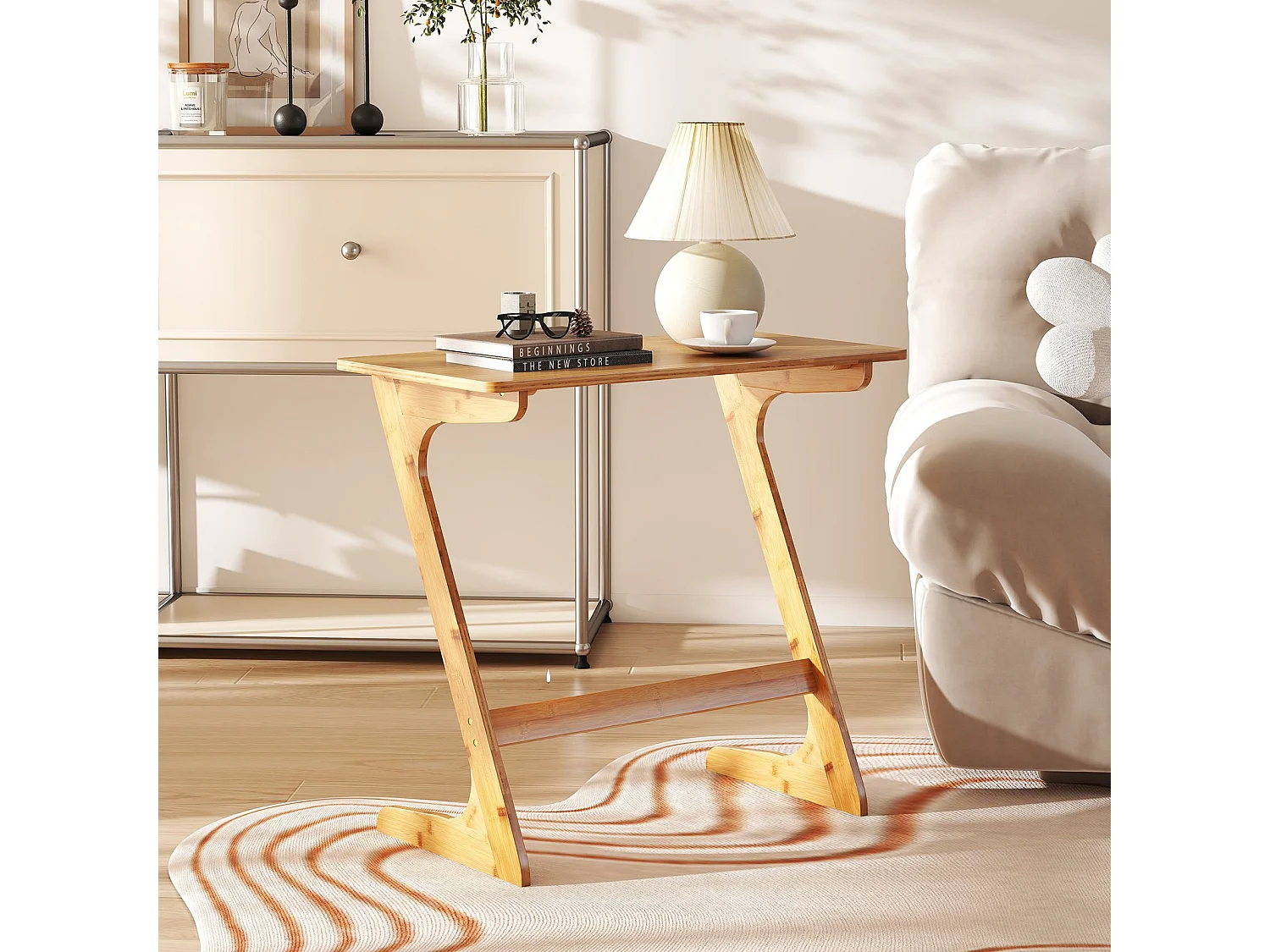 Z-förmiger Beistelltisch Sofatisch aus Bambus Platzsparender Kaffeetisch Nachttisch Couchtisch Natur