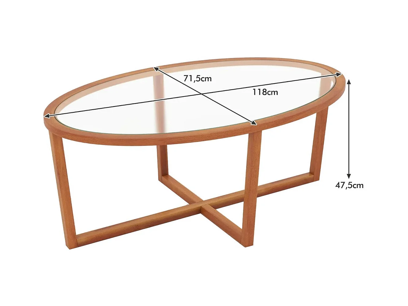 Glas Couchtisch mit Kreuzfuß & Beinen aus Akazienholz Modern Glastisch Beistelltisch