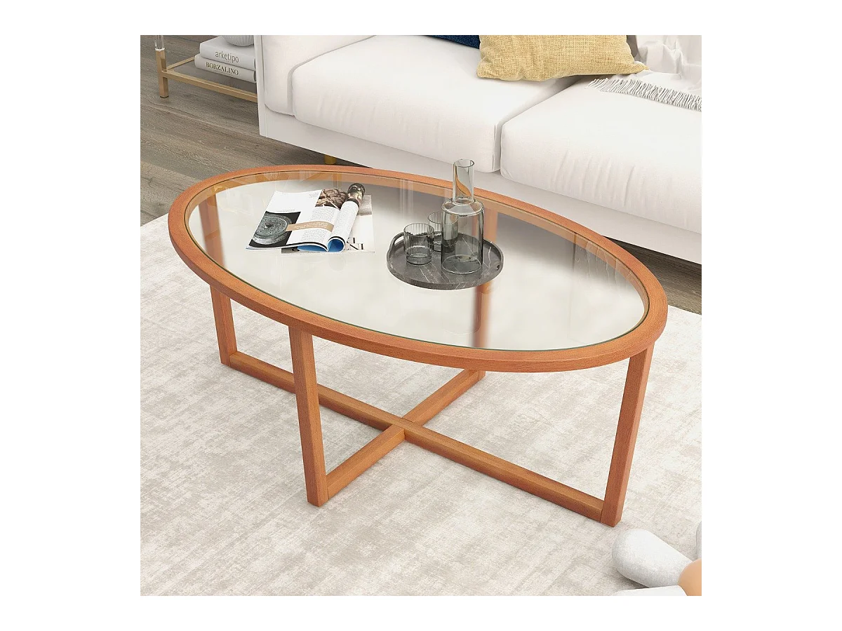 Glas Couchtisch mit Kreuzfuß & Beinen aus Akazienholz Modern Glastisch Beistelltisch