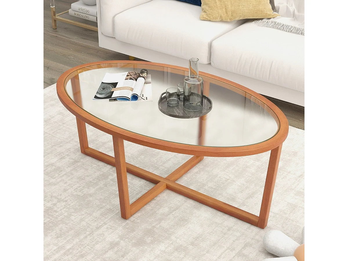 Glas Couchtisch mit Kreuzfuß & Beinen aus Akazienholz Modern Glastisch Beistelltisch