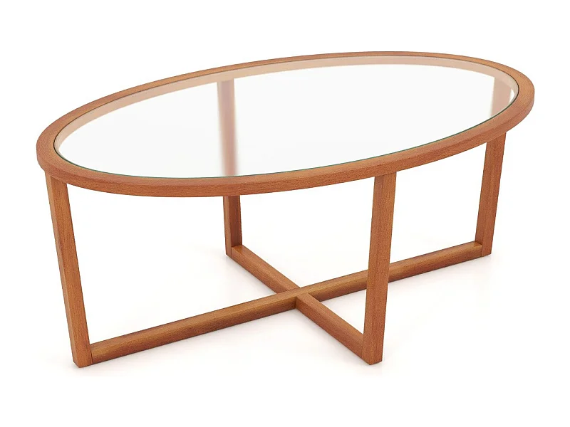 Glas Couchtisch mit Kreuzfuß & Beinen aus Akazienholz Modern Glastisch Beistelltisch