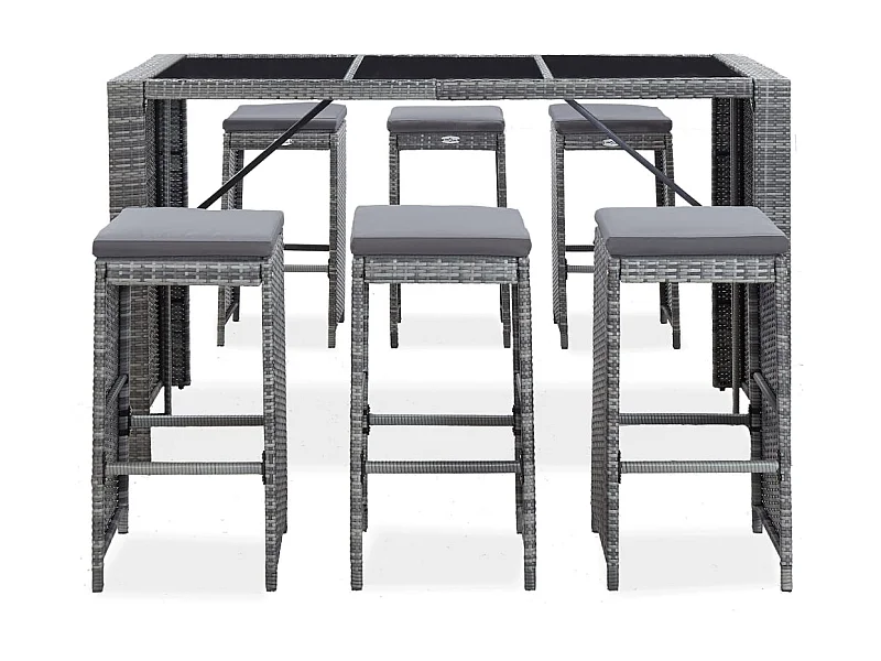 Waddell  Meuble de bar de jardin 7 pcs et coussins Résine tressée Gris