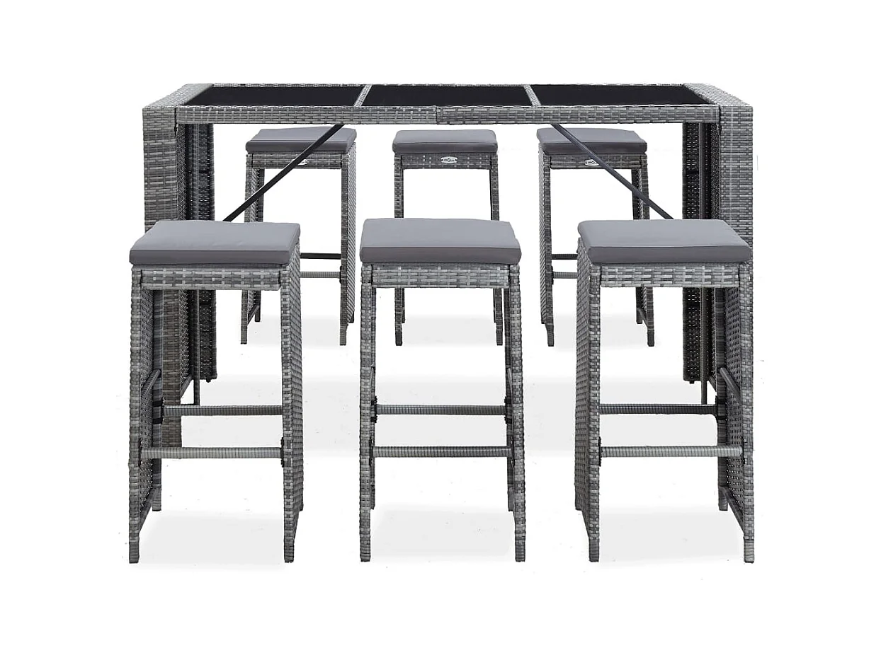 Waddell  Meuble de bar de jardin 7 pcs et coussins Résine tressée Gris