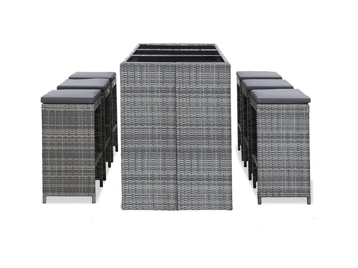 Waddell  Meuble de bar de jardin 7 pcs et coussins Résine tressée Gris