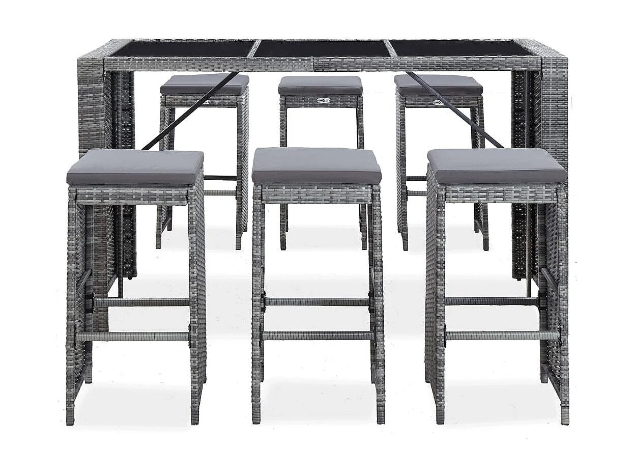 Waddell  Meuble de bar de jardin 7 pcs et coussins Résine tressée Gris