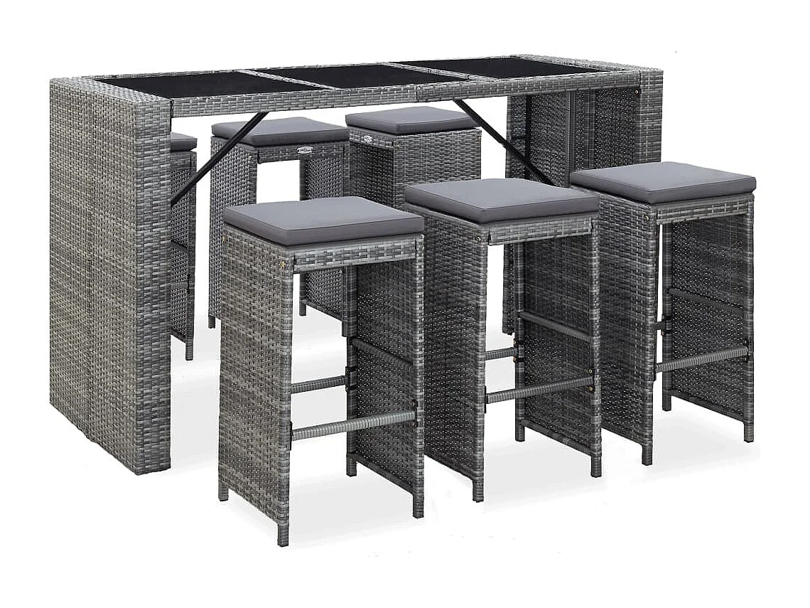 Waddell  Meuble de bar de jardin 7 pcs et coussins Résine tressée Gris