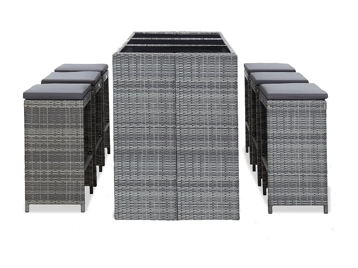 Waddell  Meuble de bar de jardin 7 pcs et coussins Résine tressée Gris