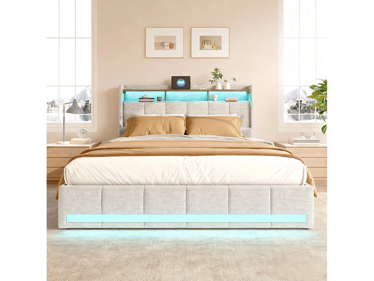 Lit adulte 140x200 cm - NEXU - LED - lit matelassé 140x200 cm avec sommier à lattes - tissu en lin - cadre de lit tiroir 140x200 cm - beige