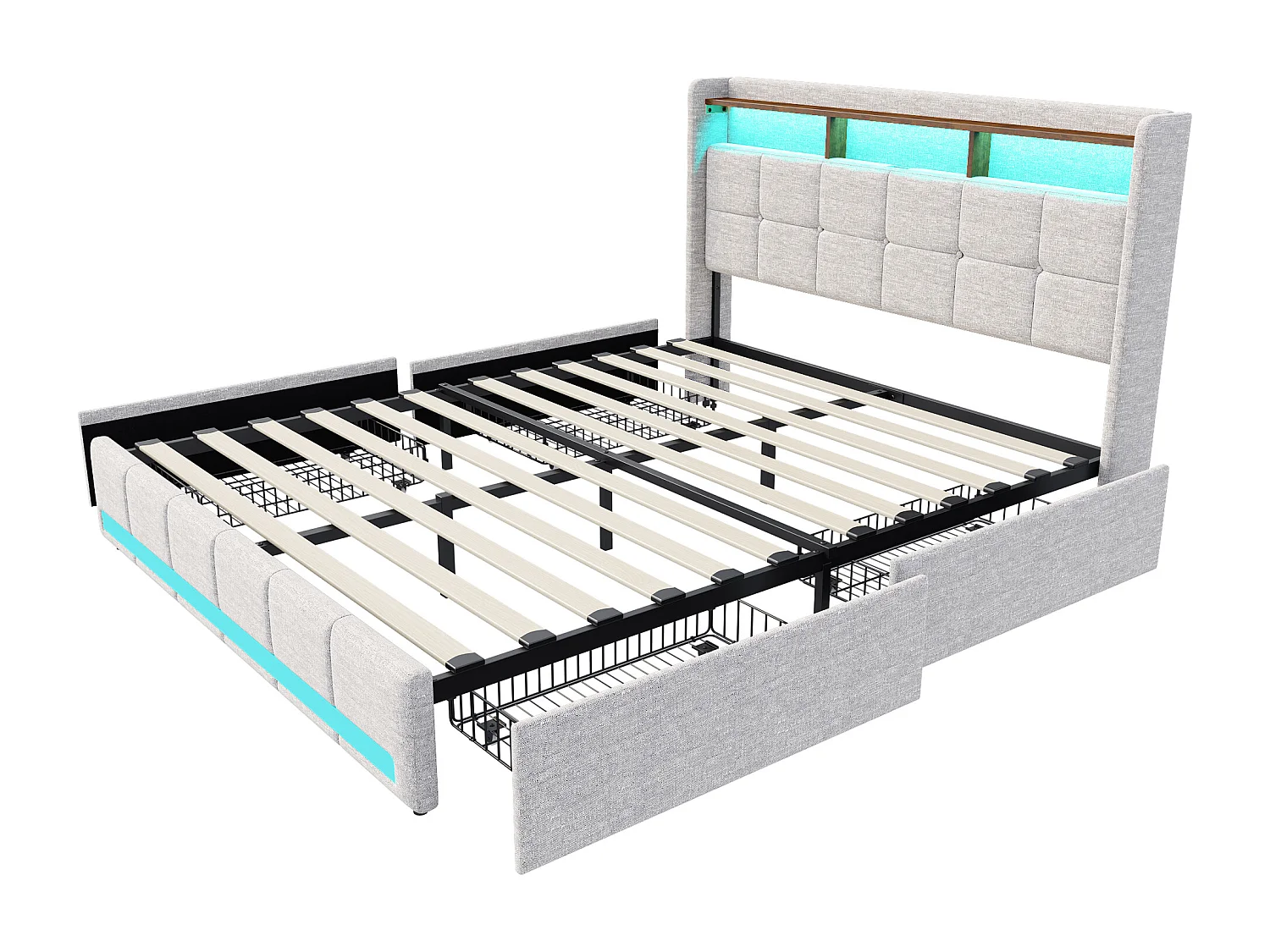 Lit adulte 140x200 cm - NEXU - LED - lit matelassé 140x200 cm avec sommier à lattes - tissu en lin - cadre de lit tiroir 140x200 cm - beige