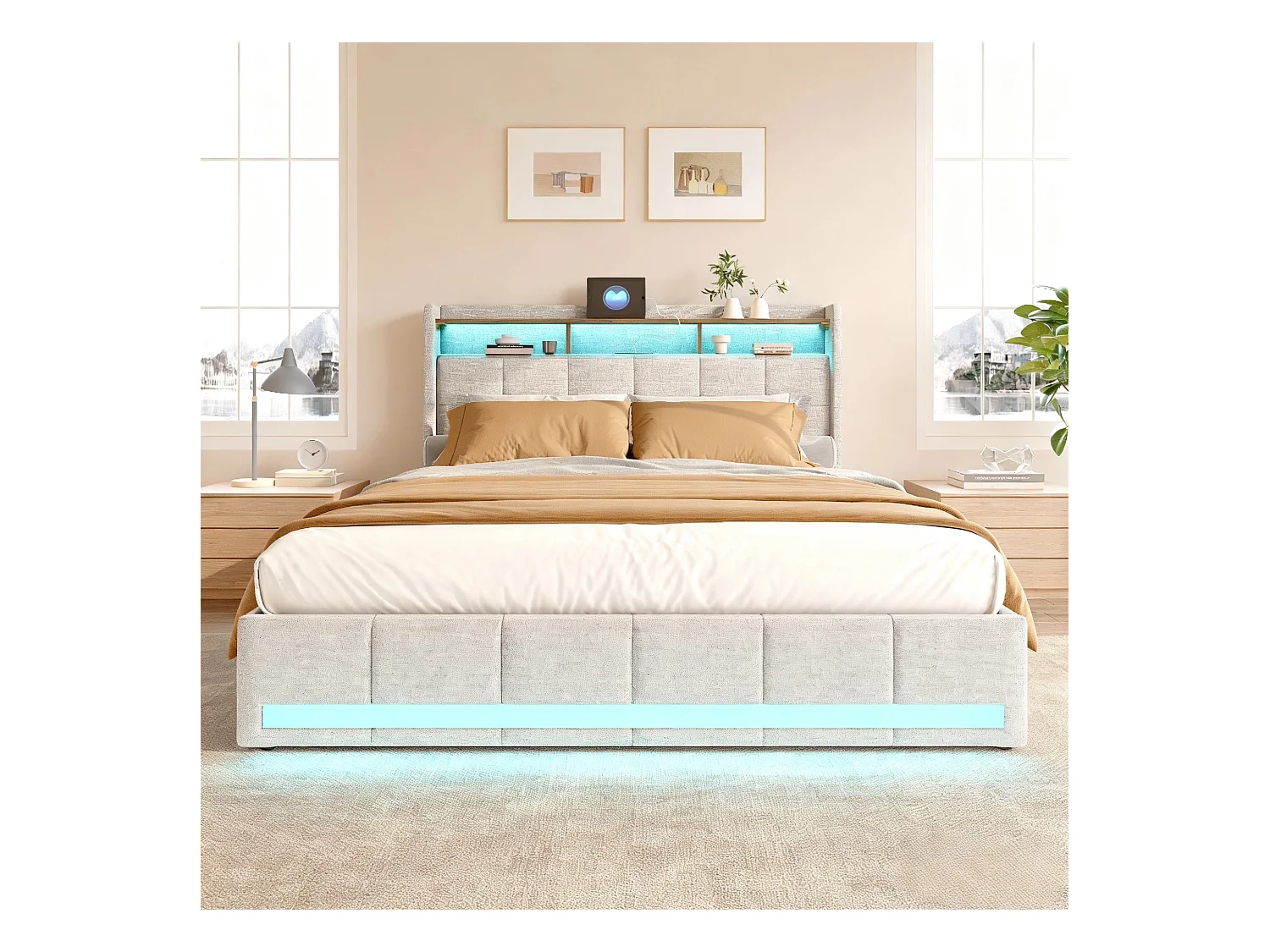 Lit adulte 140x190 cm - NEXU - LED -USB - sommier à lattes - tissu en lin - cadre de lit tiroir 140x200 cm - beige