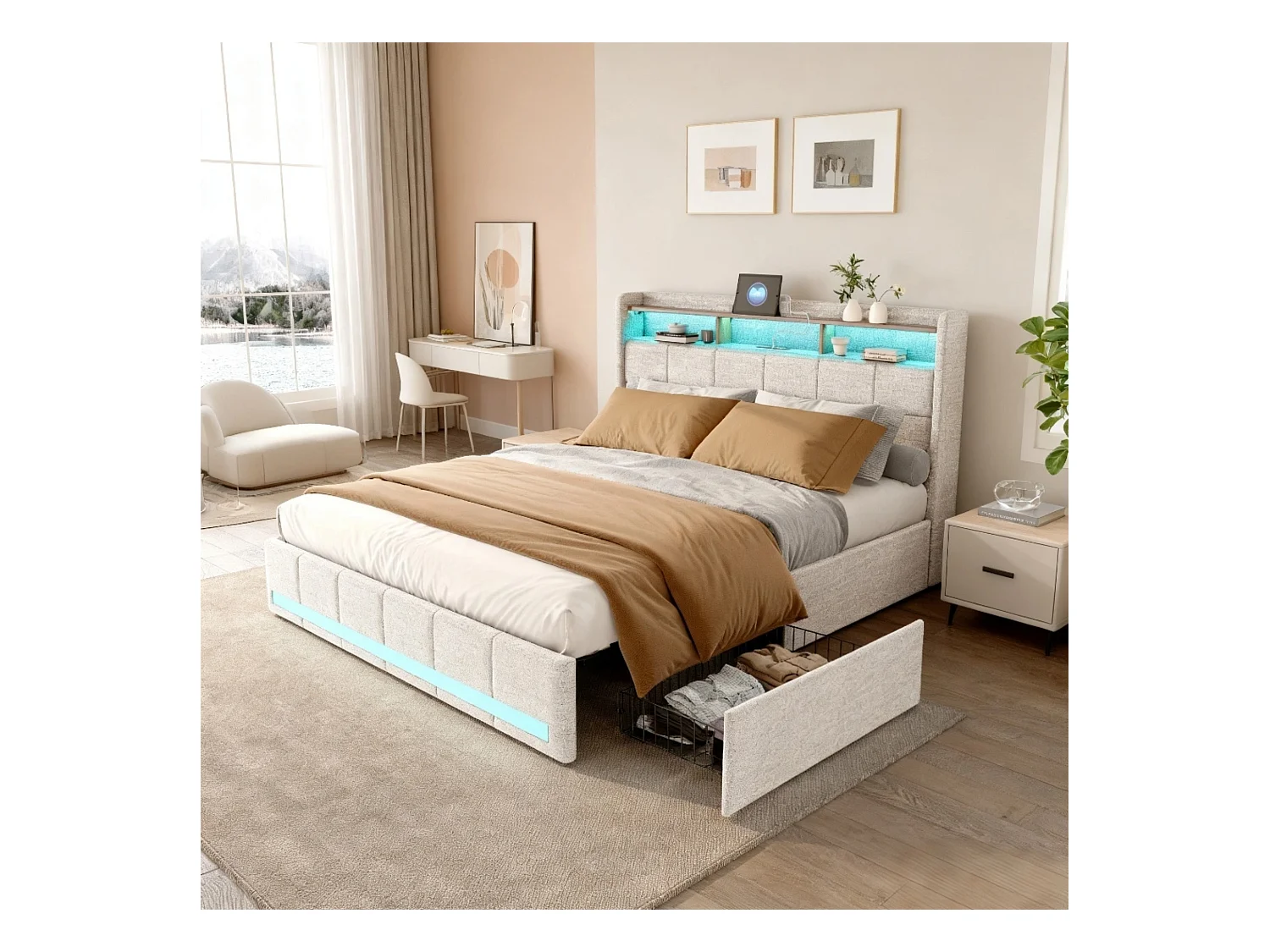 Lit adulte 140x190 cm - NEXU - LED -USB - sommier à lattes - tissu en lin - cadre de lit tiroir 140x200 cm - beige