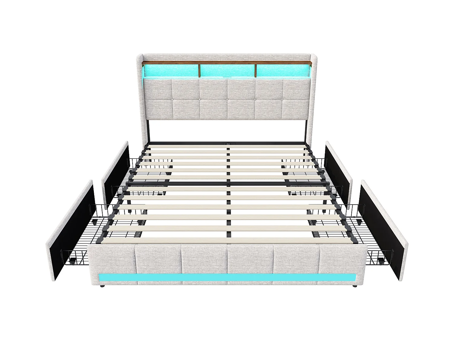 Lit adulte 140x190 cm - NEXU - LED -USB - sommier à lattes - tissu en lin - cadre de lit tiroir 140x200 cm - beige