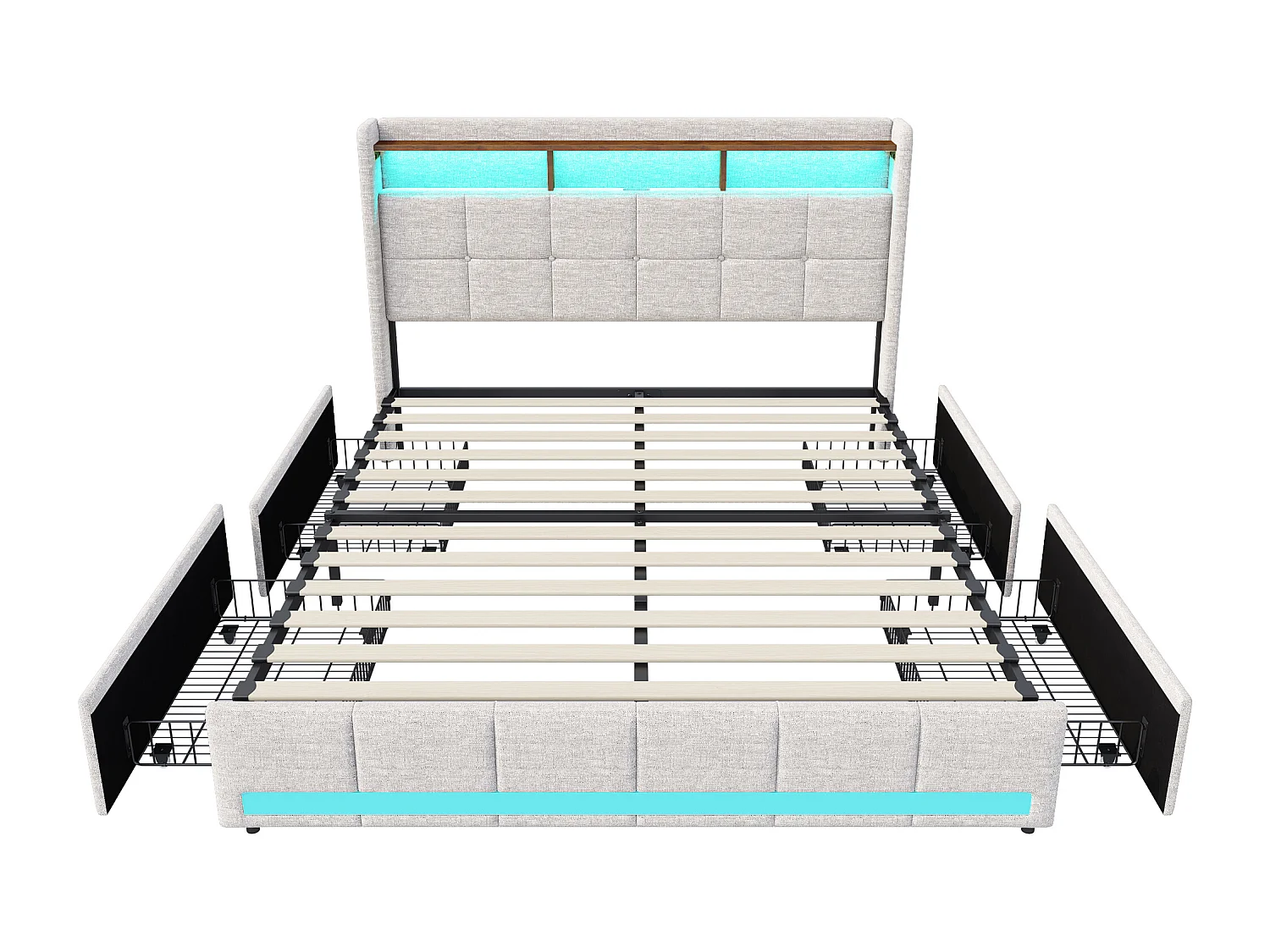 Lit adulte 140x190 cm - NEXU - LED -USB - sommier à lattes - tissu en lin - cadre de lit tiroir 140x200 cm - beige