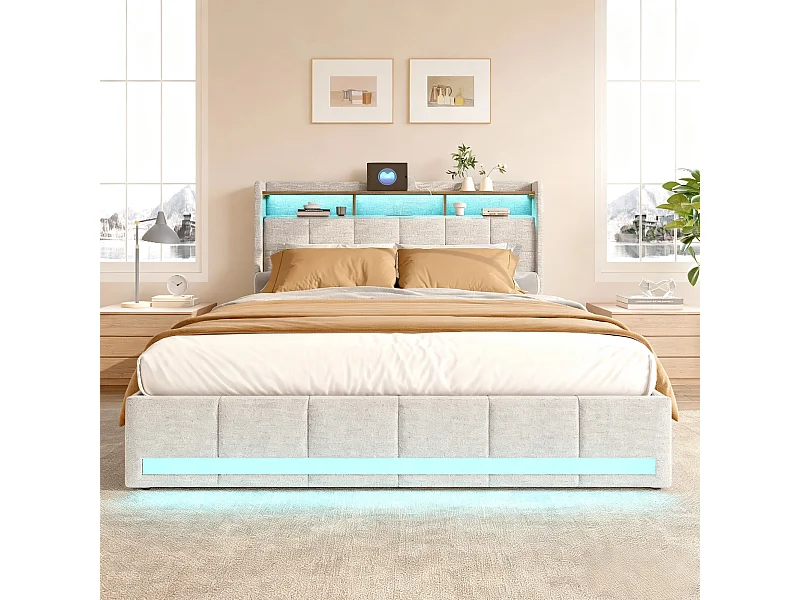 Lit adulte 140x190 cm - NEXU - LED -USB - sommier à lattes - tissu en lin - cadre de lit tiroir 140x200 cm - beige