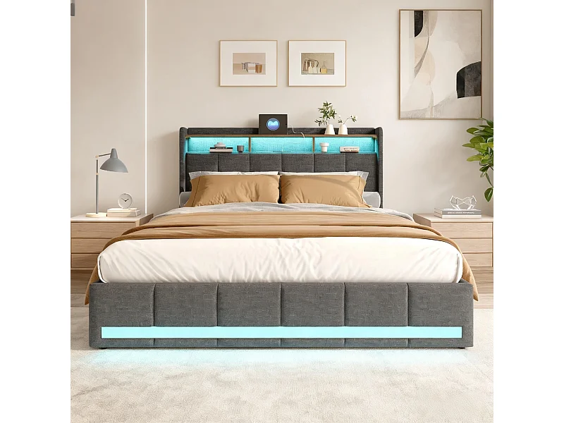 Lit 140x190 cm - NEXU - LED - sommier à lattes - tissu en lin - cadre de lit tiroir 140x190 cm - gris