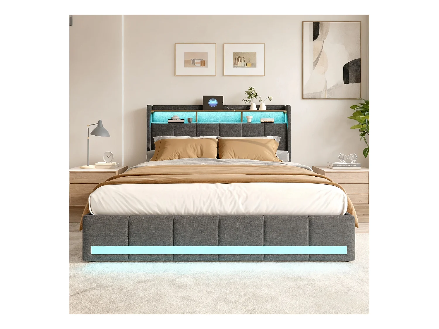 Lit 140x190 cm - NEXU - LED - sommier à lattes - tissu en lin - cadre de lit tiroir 140x190 cm - gris