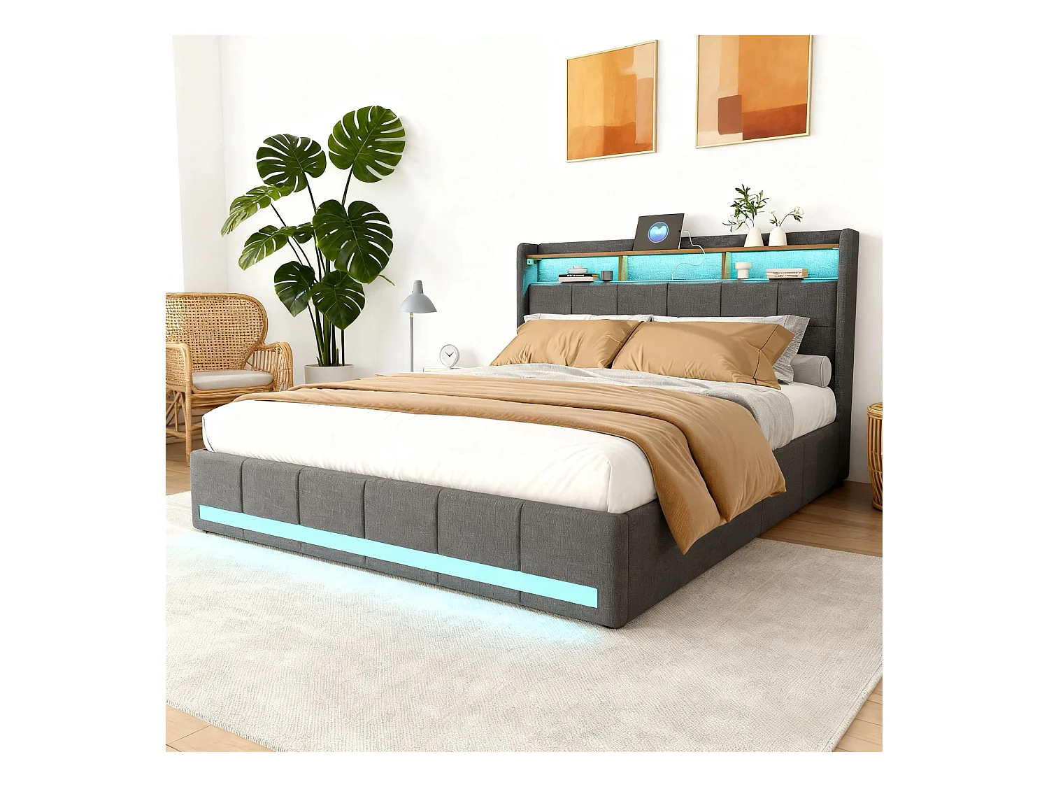 Lit 140x190 cm - NEXU - LED - sommier à lattes - tissu en lin - cadre de lit tiroir 140x190 cm - gris