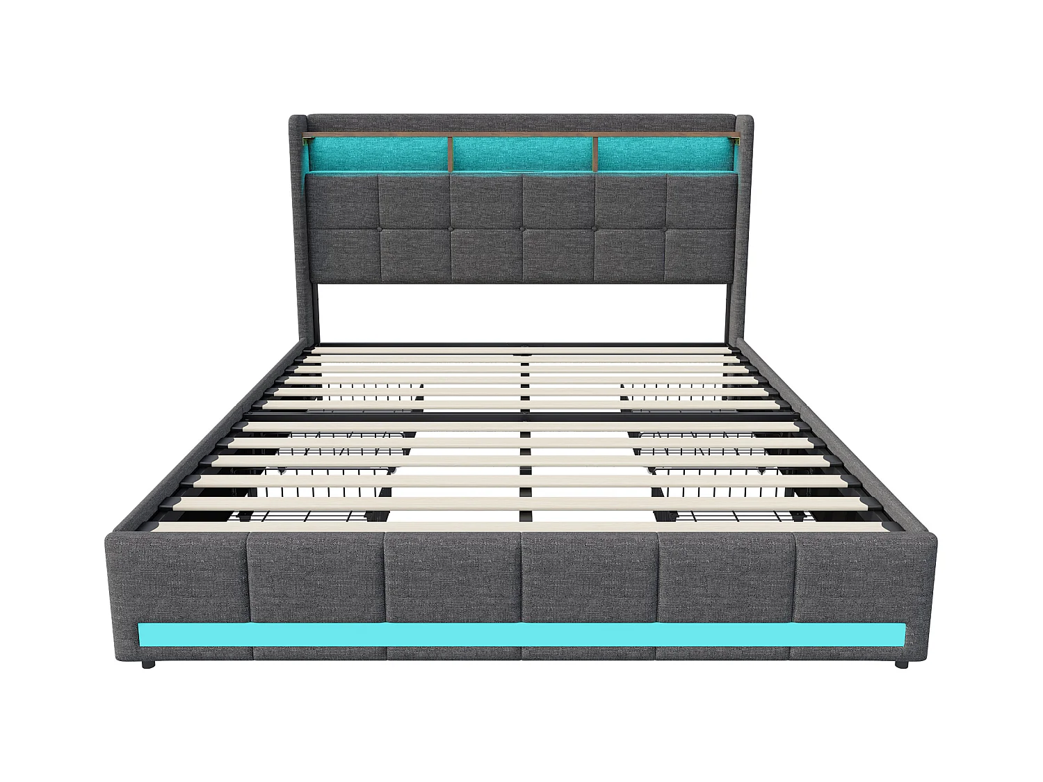 Lit 140x190 cm - NEXU - LED - sommier à lattes - tissu en lin - cadre de lit tiroir 140x190 cm - gris