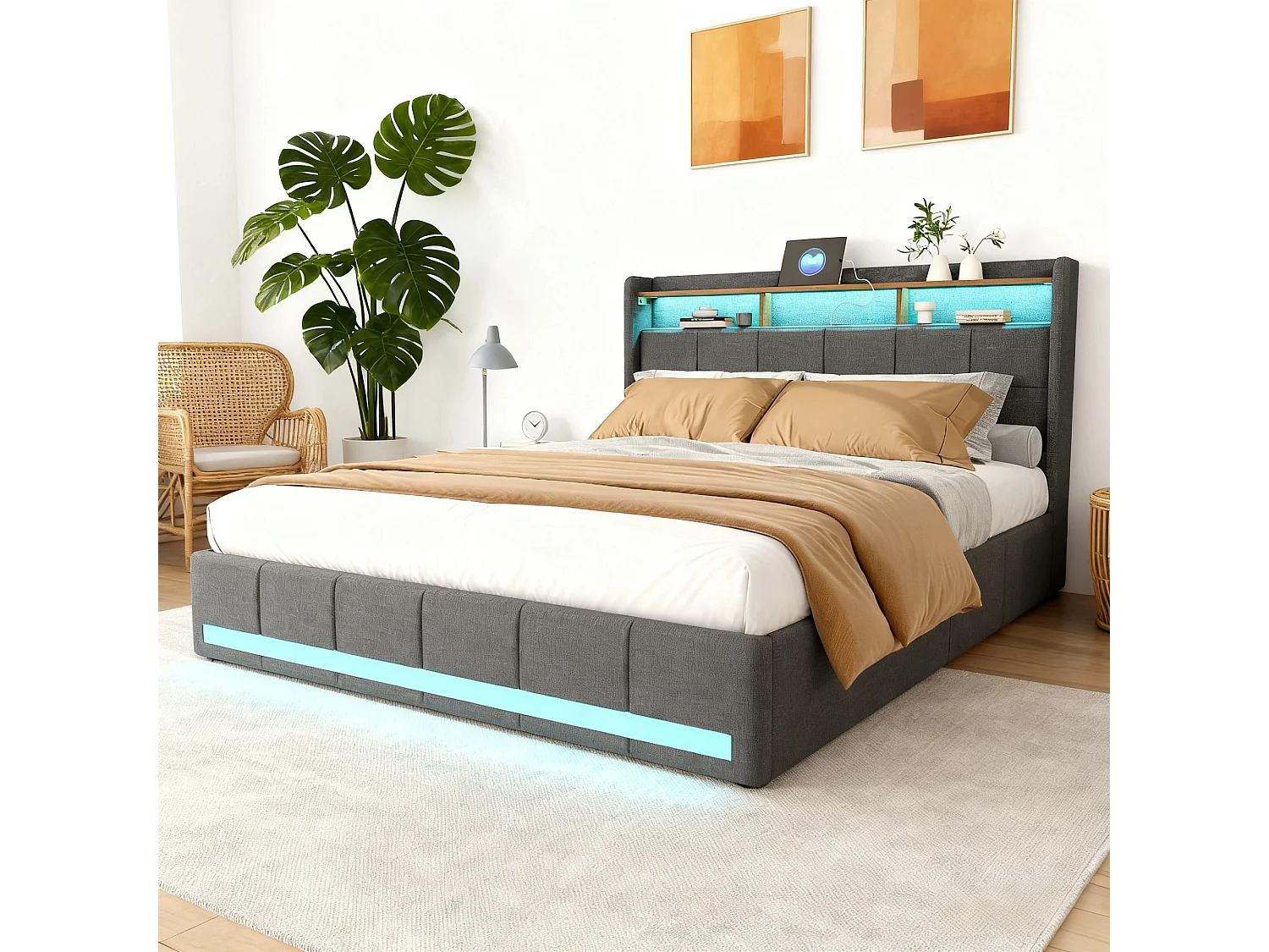 Bed 140x190 cm - NEXU - LED - lattenbodem - linnen stof - bedframe met lade 140x190 cm - grijs