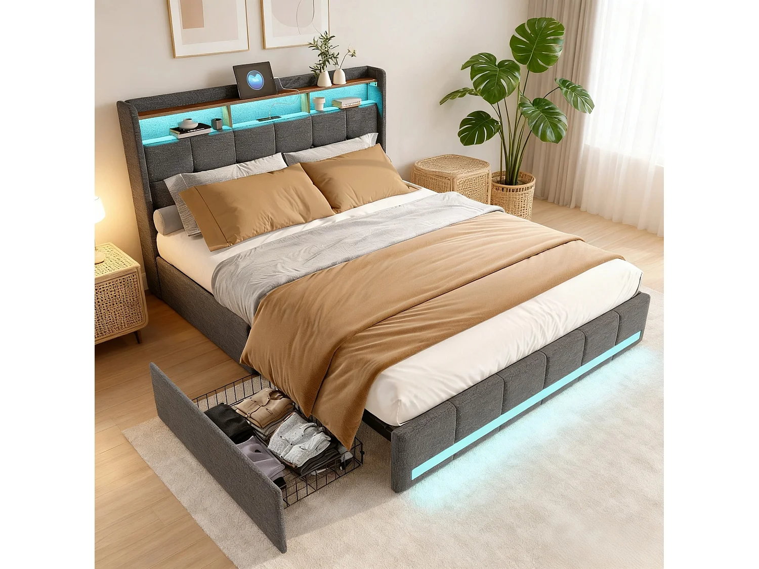 Bed 140x190 cm - NEXU - LED - lattenbodem - linnen stof - bedframe met lade 140x190 cm - grijs