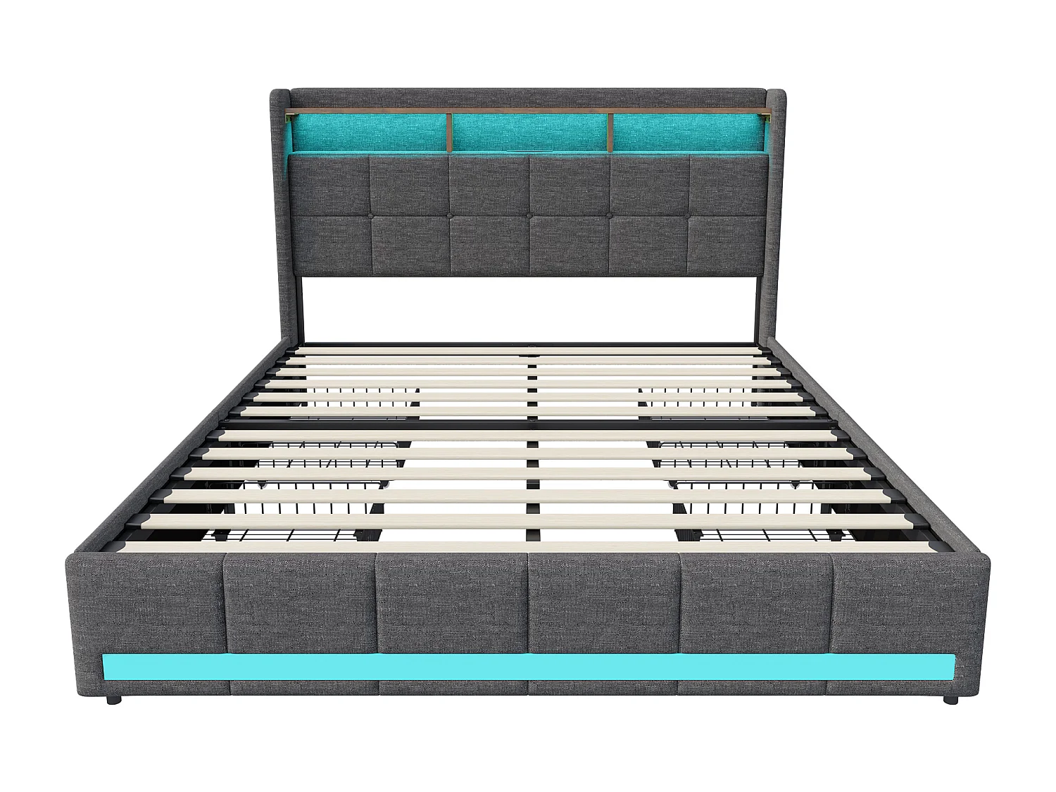 Bed 140x190 cm - NEXU - LED - lattenbodem - linnen stof - bedframe met lade 140x190 cm - grijs