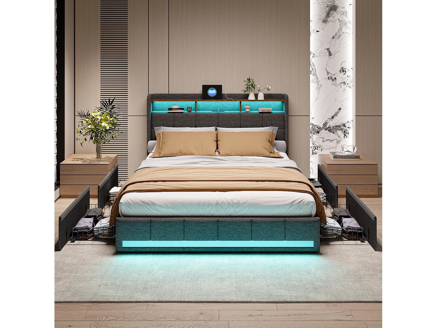 Lit double 140 x 190 cm avec sommier à lattes – Éclairage LED et tiroir de rangement – Tissu en lin gris – NEXU