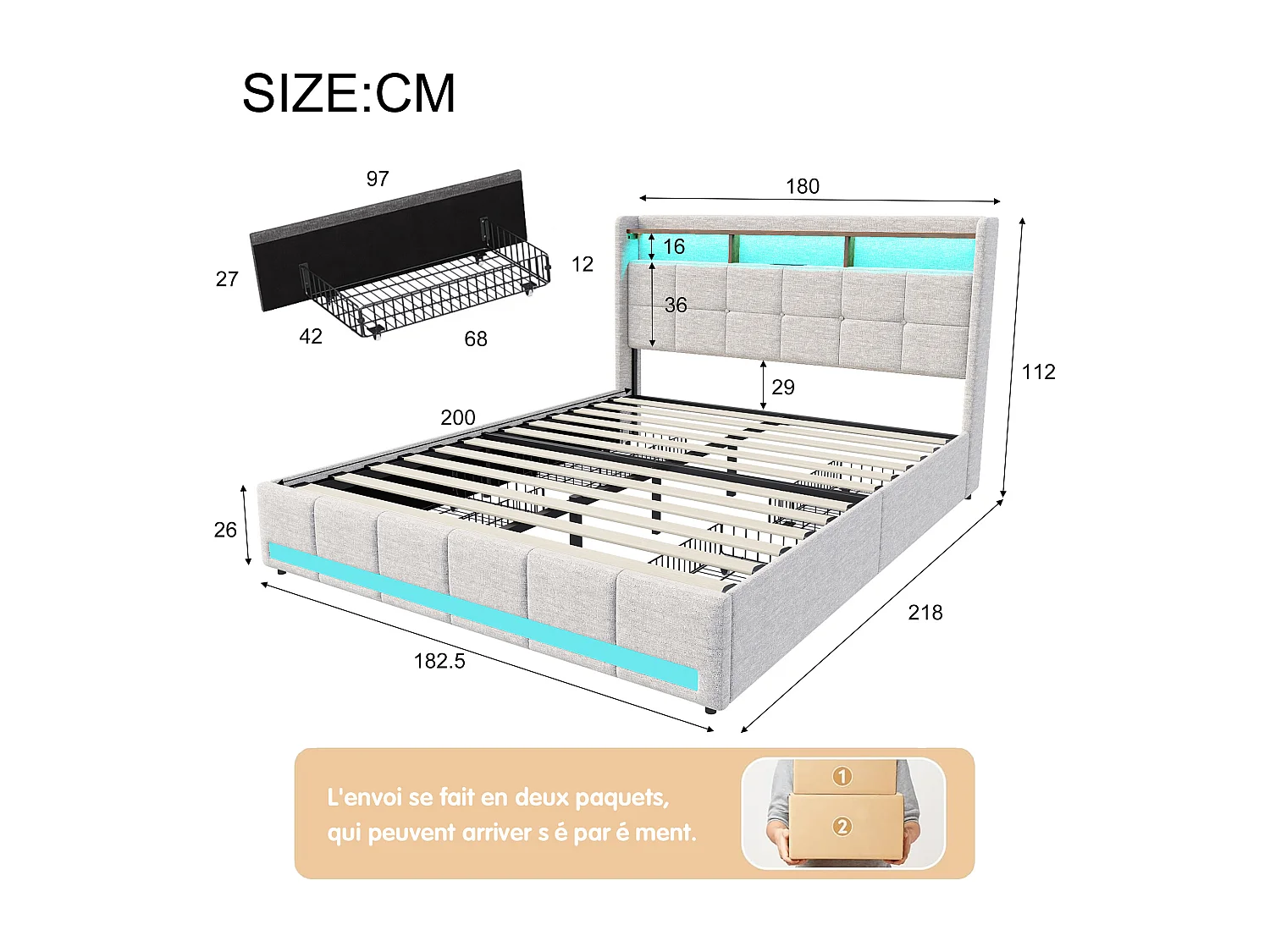 Lit 180x200 cm - NEXU - LED - lit adutle 180x200 cm avec sommier à lattes - tissu en lin - cadre de lit tiroir 180x200 cm - beige