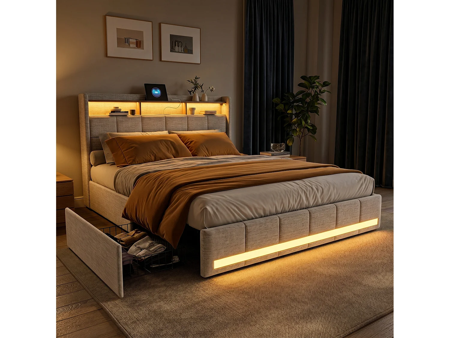 Lit double 180x200 cm avec tiroirs, sommier à lattes et LED, cadre de lit adulte en tissu lin beige