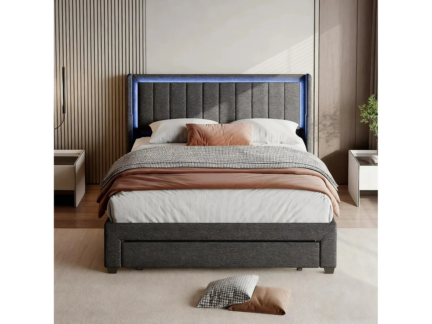 Lit 160x200 cm  avec sommier à lattes - cadre de  lit double- NEXU - lit tiroir 160x200 cm  Avec Rangement - LED - USB - tissu en lin - gris