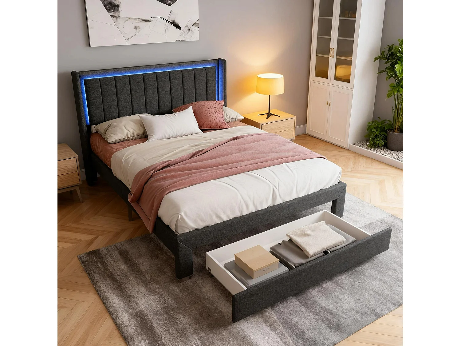 Lit 160x200 cm  avec sommier à lattes - cadre de  lit double- NEXU - lit tiroir 160x200 cm  Avec Rangement - LED - USB - tissu en lin - gris