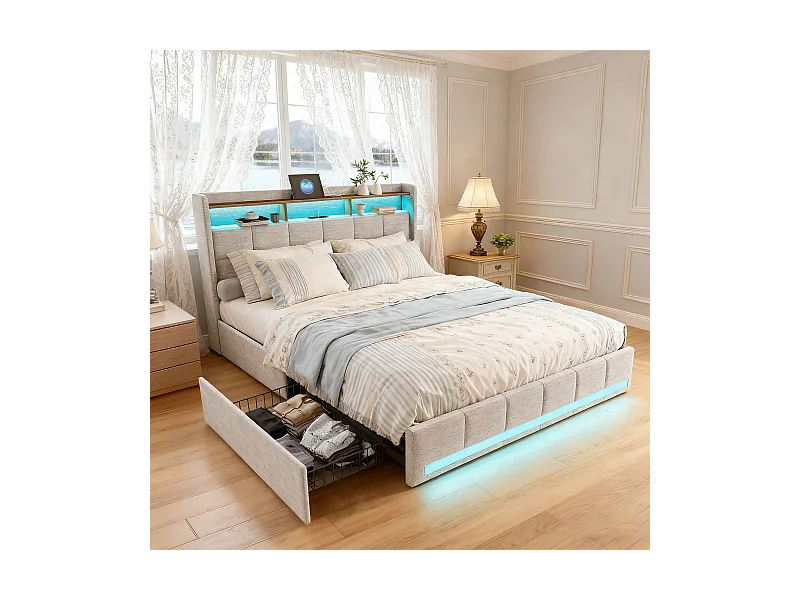 Lit adulte 160x200 avec sommier à lattes - NEXU - lit 160x200 avec  LED et USB - cadre de lit double 160x200 cm avec 4 tiroir - tissu en lin - beige