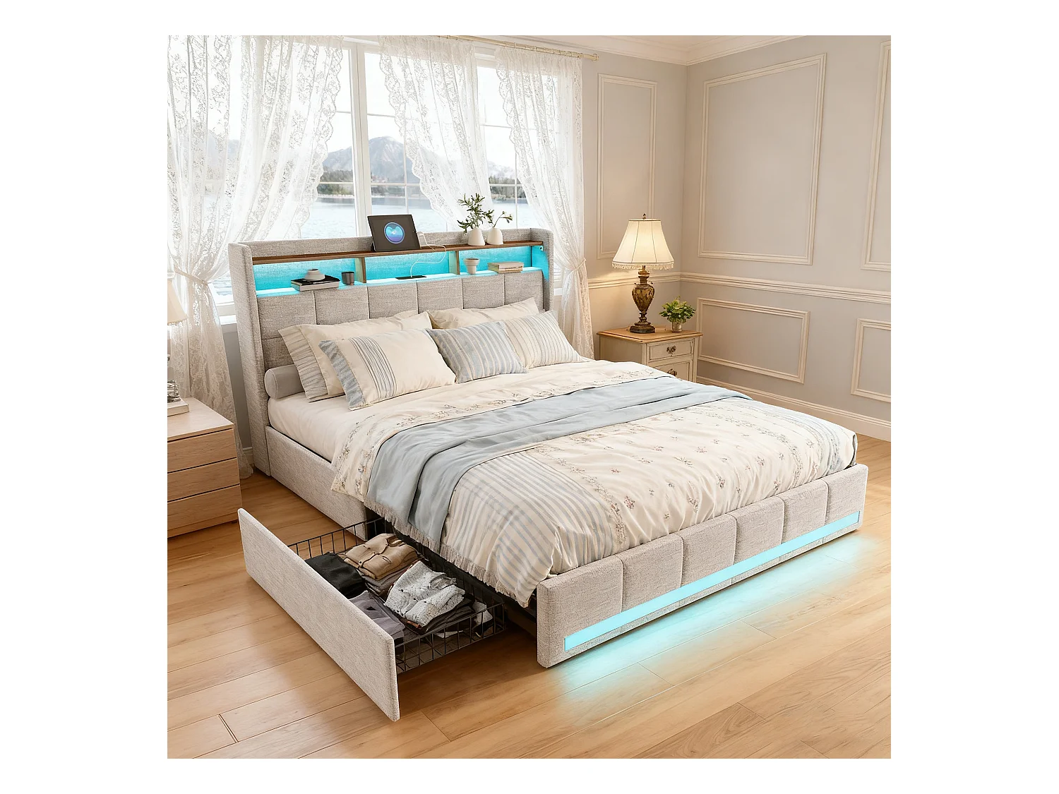 Lit adulte 160x200 avec sommier à lattes - NEXU - lit 160x200 avec  LED et USB - cadre de lit double 160x200 cm avec 4 tiroir - tissu en lin - beige