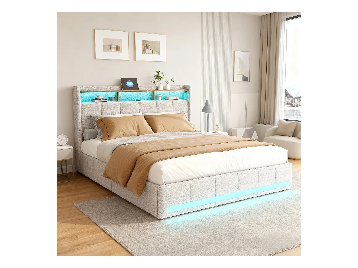 Lit adulte 160x200 avec sommier à lattes - NEXU - lit 160x200 avec  LED et USB - cadre de lit double 160x200 cm avec 4 tiroir - tissu en lin - beige
