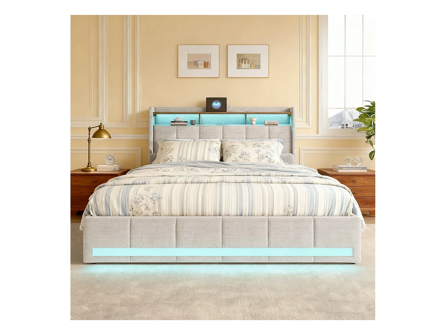 Lit adulte 160x200 avec sommier à lattes - NEXU - lit 160x200 avec  LED et USB - cadre de lit double 160x200 cm avec 4 tiroir - tissu en lin - beige