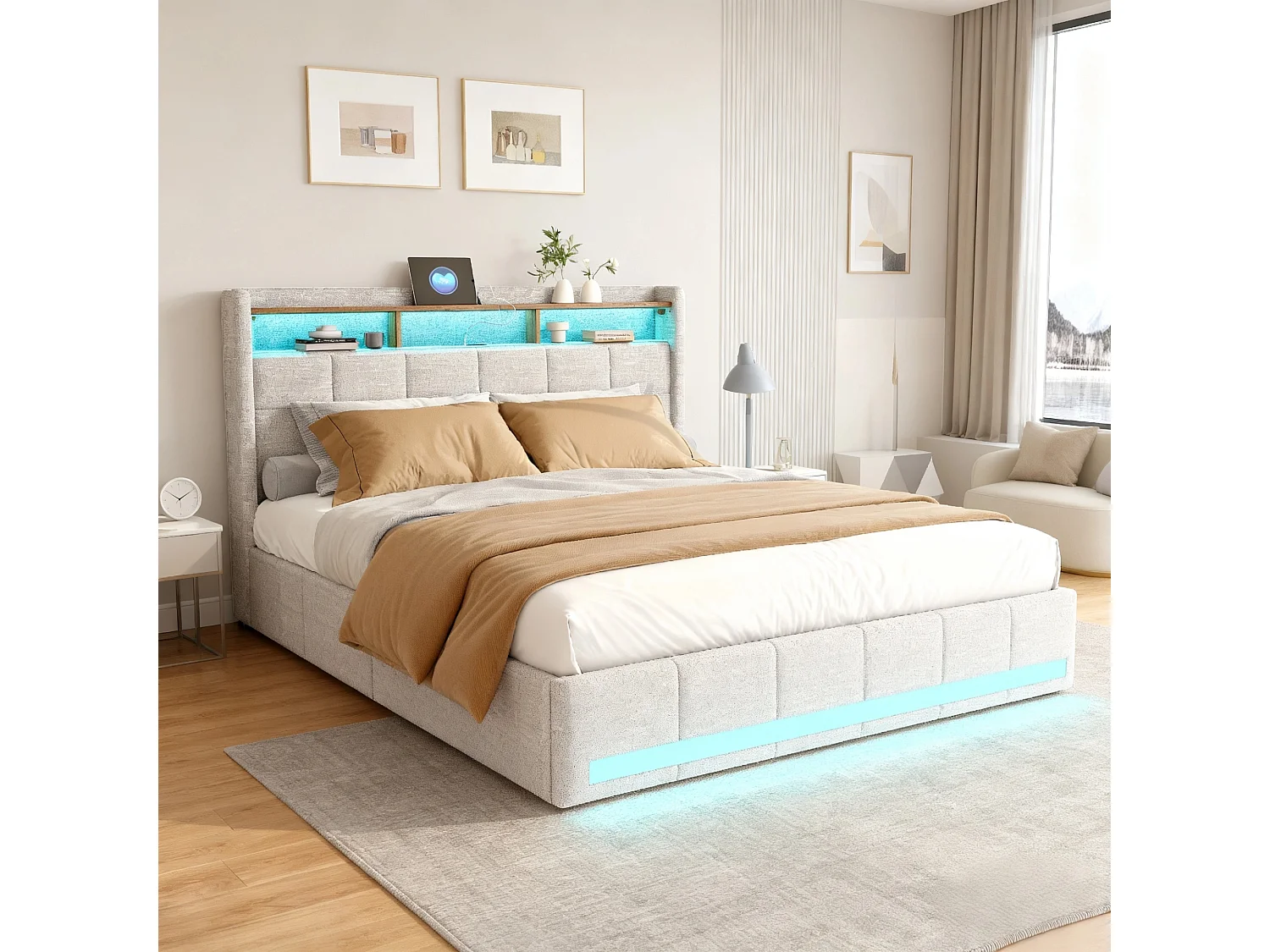 Lit adulte 160x200 avec sommier à lattes - NEXU - lit 160x200 avec  LED et USB - cadre de lit double 160x200 cm avec 4 tiroir - tissu en lin - beige