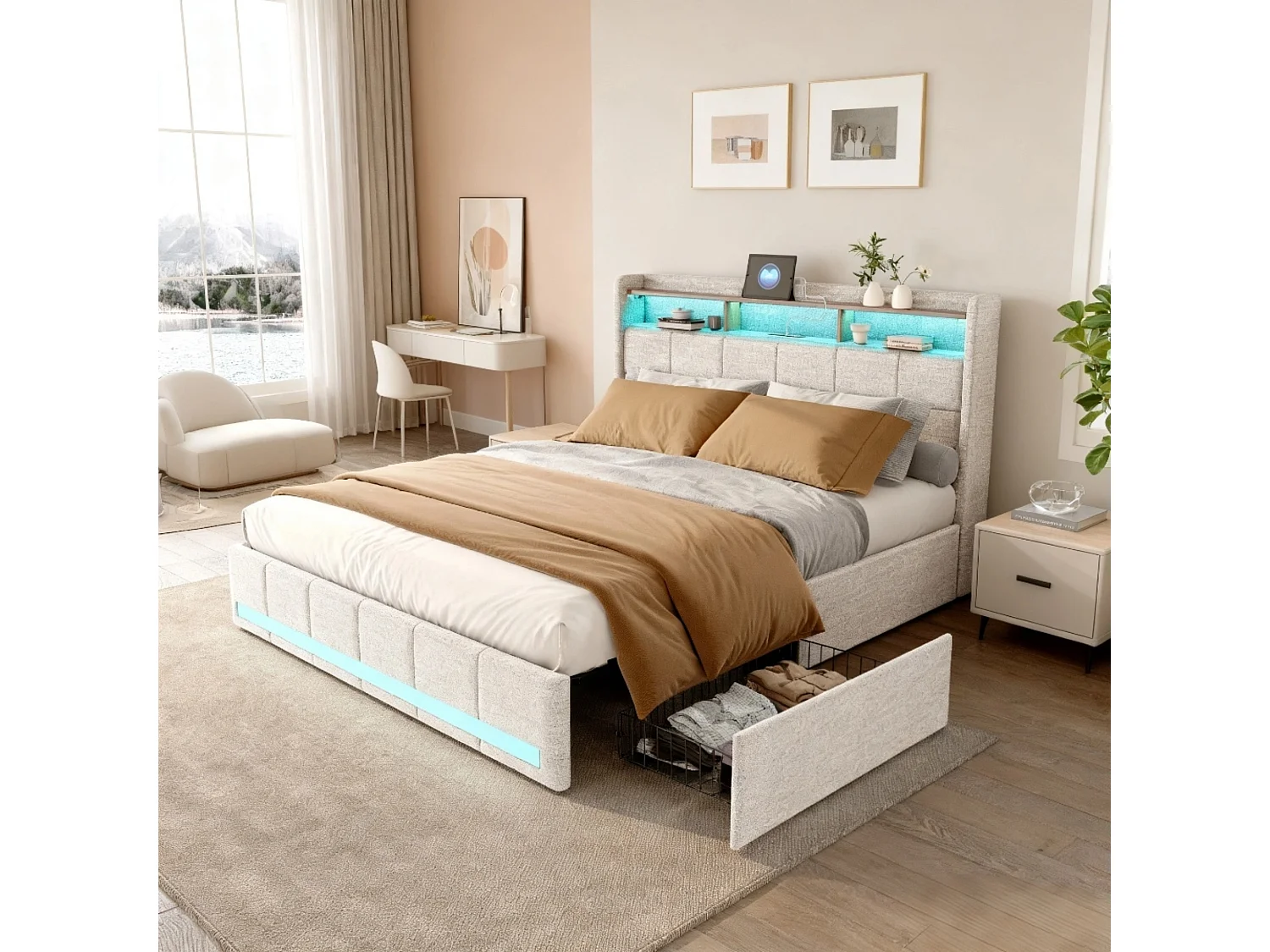 Lit adulte 160x200 avec sommier à lattes - NEXU - lit 160x200 avec  LED et USB - cadre de lit double 160x200 cm avec 4 tiroir - tissu en lin - beige