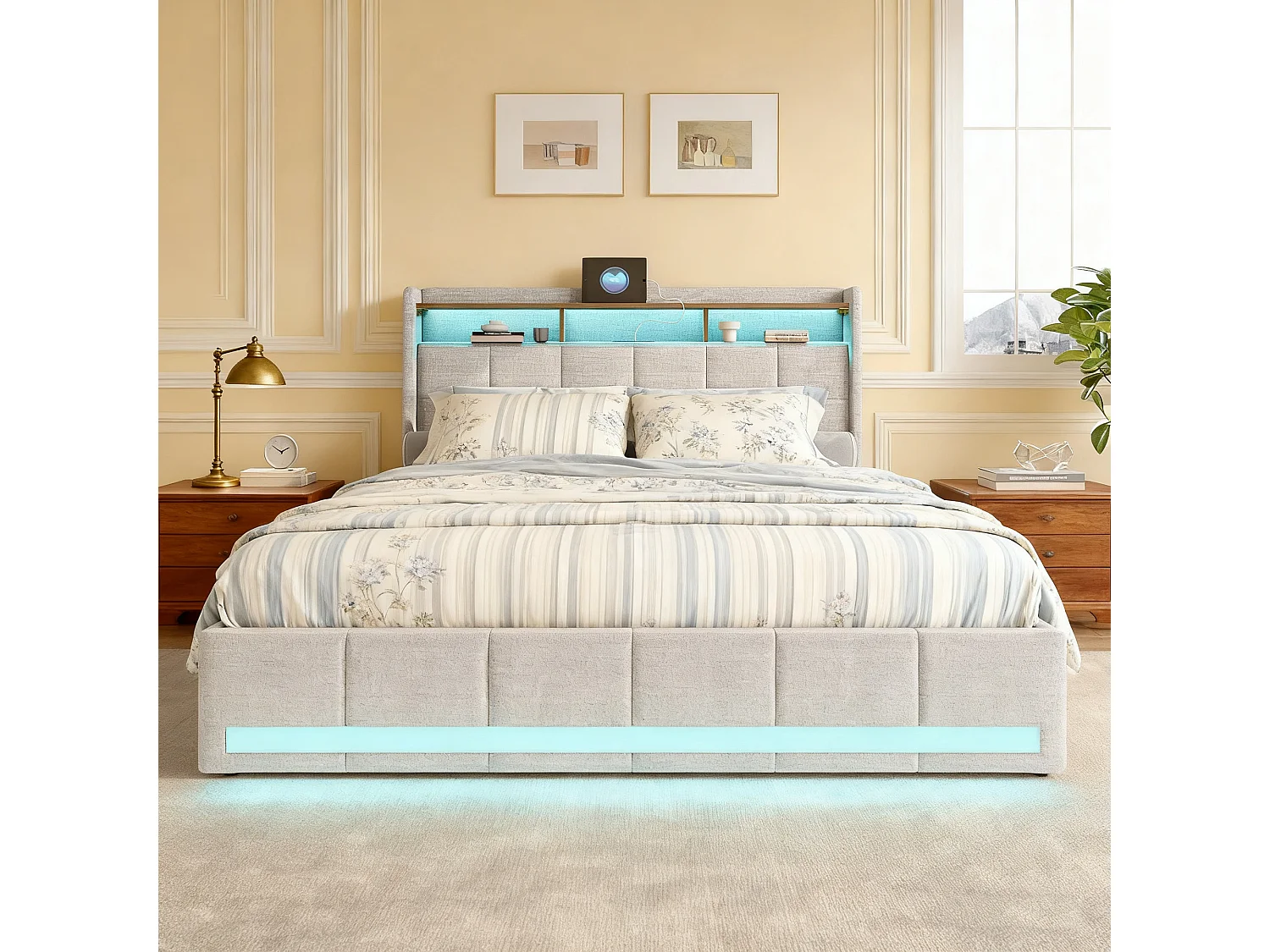 Lit adulte 160x200 avec sommier à lattes - NEXU - lit 160x200 avec  LED et USB - cadre de lit double 160x200 cm avec 4 tiroir - tissu en lin - beige