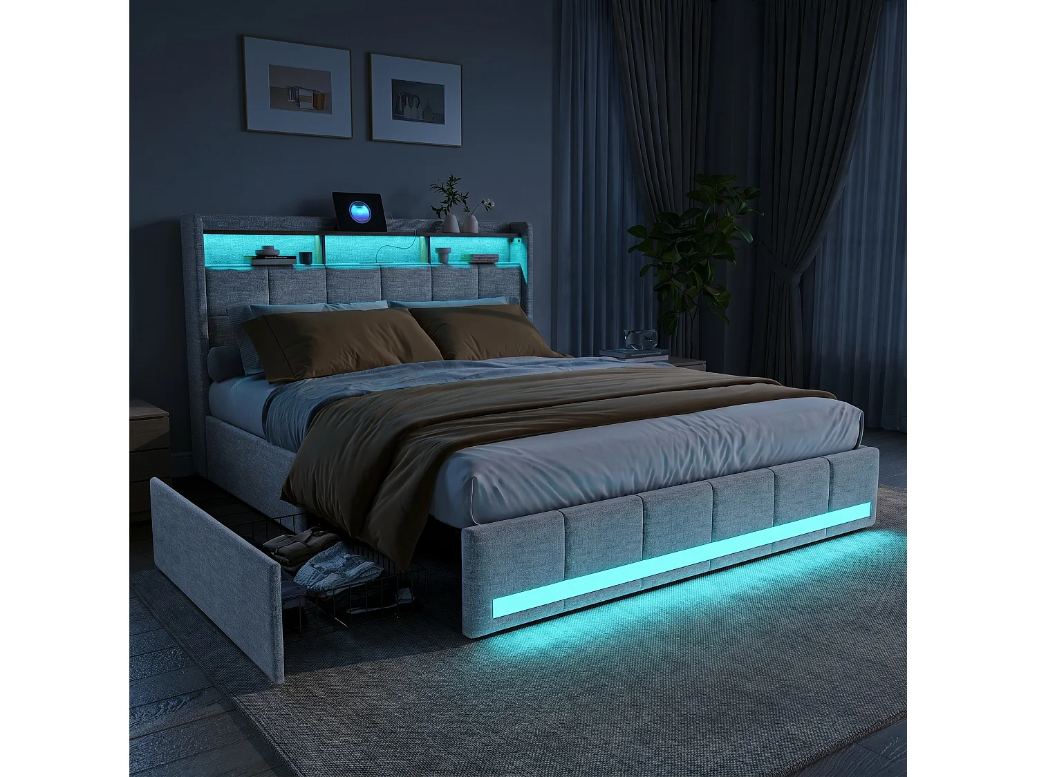 Lit double 160 x 200 cm - NEXU - Lit adulte avec sommier à lattes, 4 tiroirs de rangement, LED et port USB - tissu effet lin beige