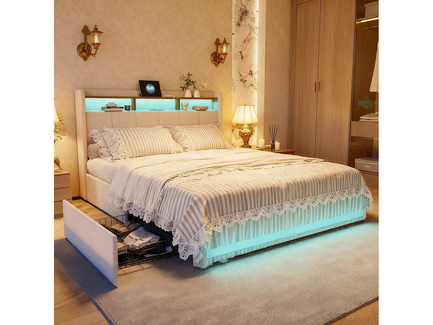 Lit double 160 x 200 cm - NEXU - Lit adulte avec sommier à lattes, 4 tiroirs de rangement, LED et port USB - tissu effet lin beige
