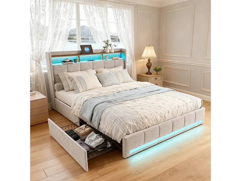 Lit adulte 160x200 avec sommier à lattes - NEXU - lit 160x200 avec  LED et USB - cadre de lit double 160x200 cm avec 4 tiroir - tissu en lin - beige